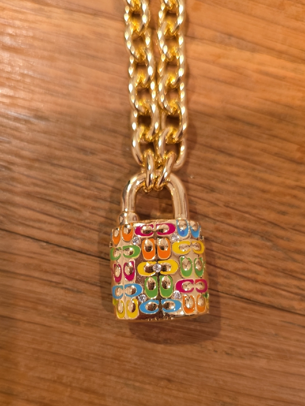 Coach Gold-tone Chain Necklace with Multicolor Enamel Padlock - Picture 3 of 4